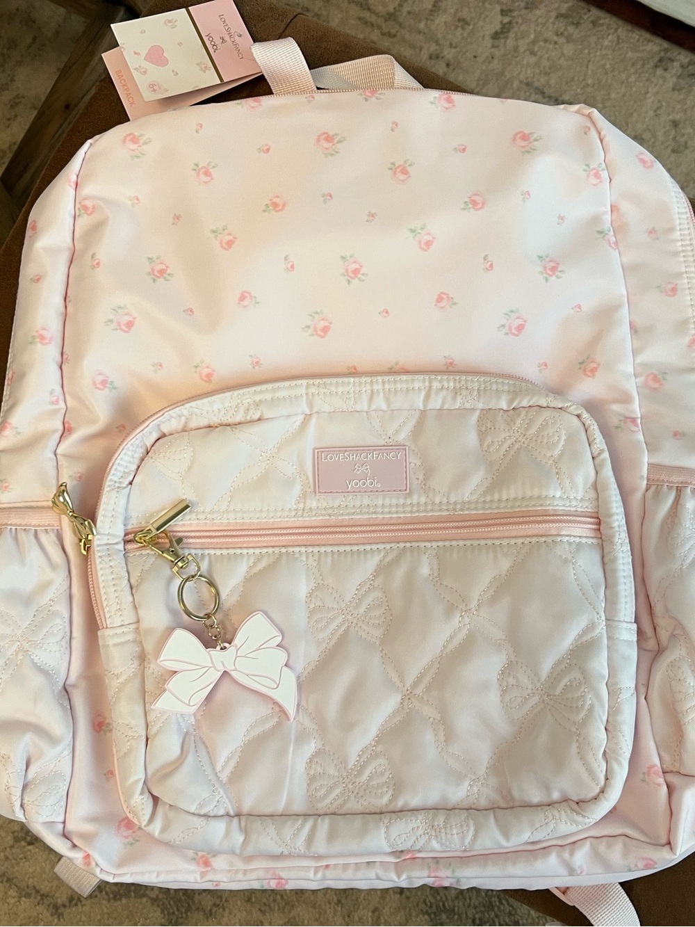 NWT LoveShackFancy x Target Pale Pink Quilted Kids Backpack with Bow Charm